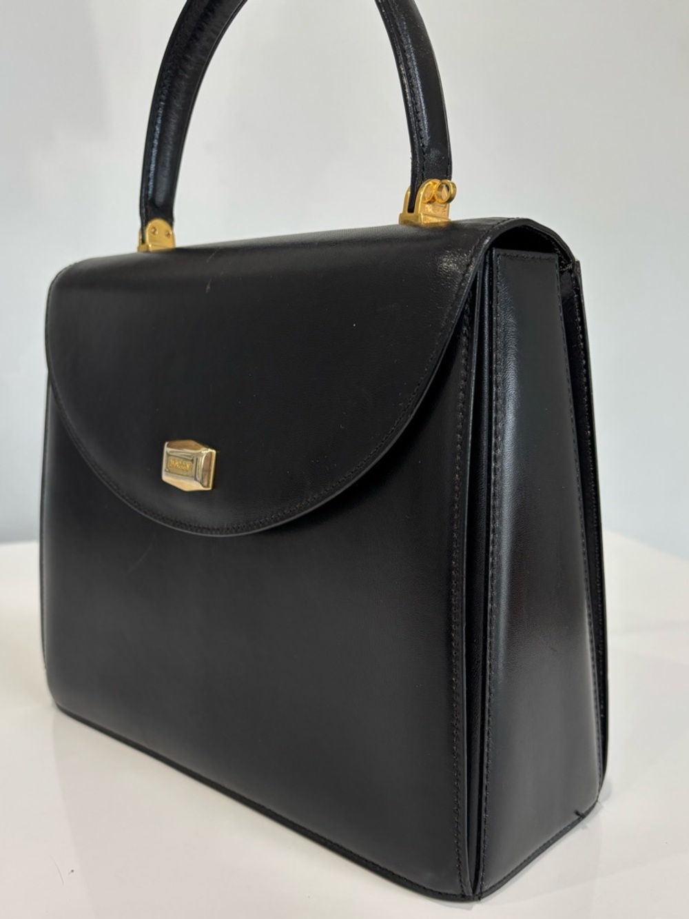 Bally Vintage Black Leather Top Handle Bag Gold Hardware Structured Crossbody - Picture 5 of 10